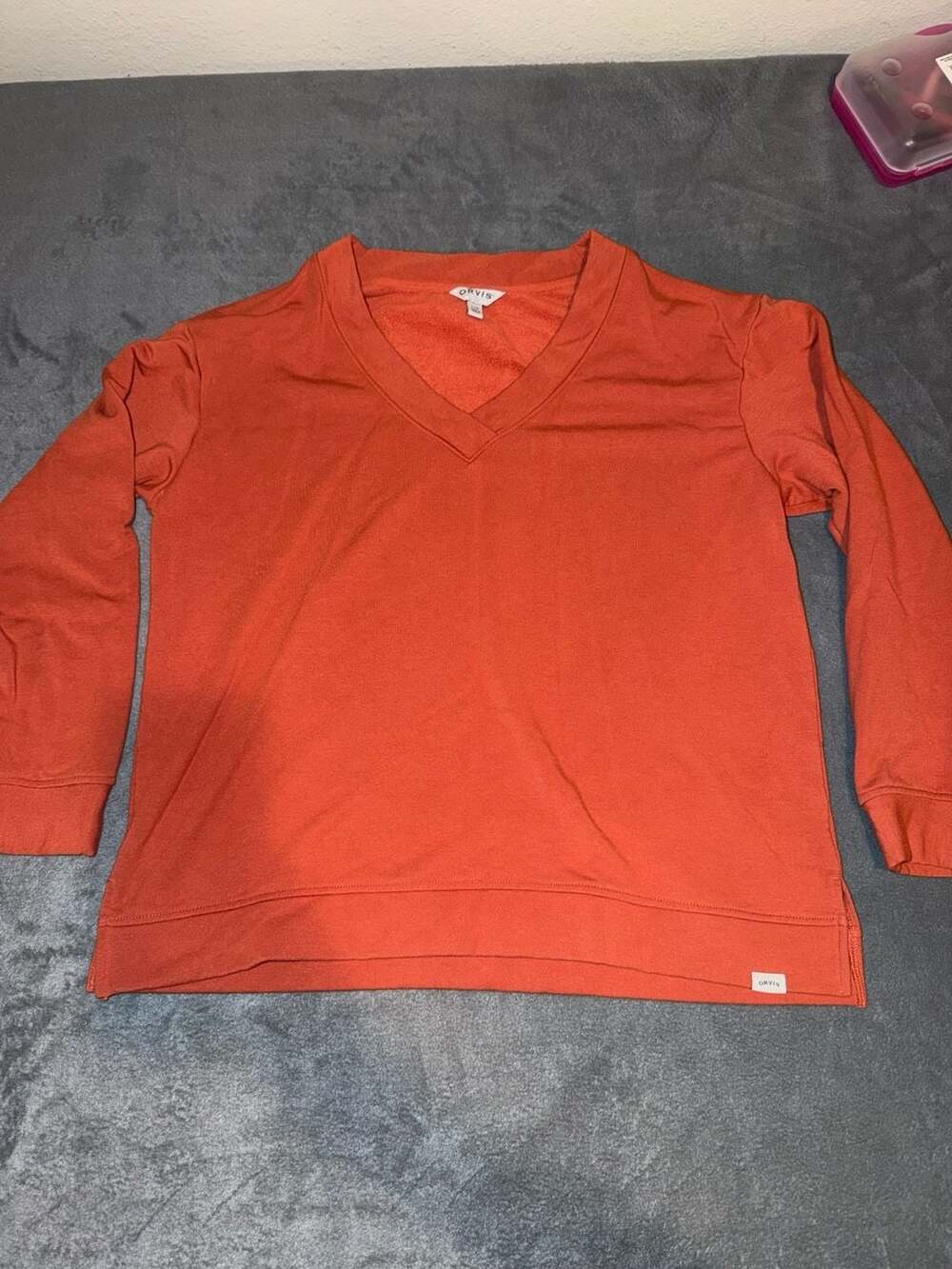 Orvis Women's Orange V-Neck Long Sleeve Pullover Sweatshirt Size Large